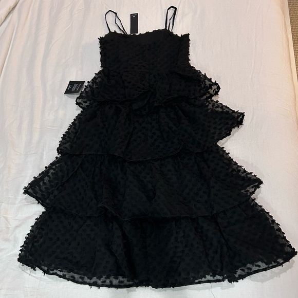 Lulus Flirting With You Black Tiered Pom Pom Midi Dress - Size S - Picture 7 of 7